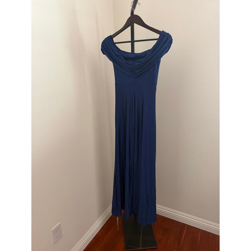 elegant viral off the shoulder wedding guest summer gown dress dark navy S - Picture 9 of 11